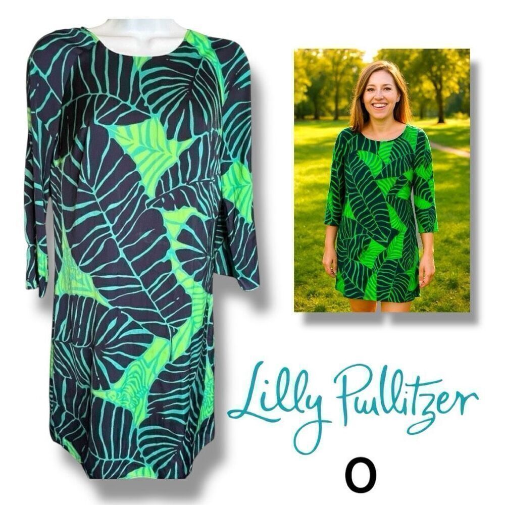 Lilly Pulitzer Women's Under The Palms 3/4 Sleeve Shift Dress Blue Green Size 0